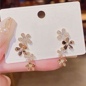 Flower Shower Rhinestone Earrings, Gold Cubic Zirconia Flower Earrings